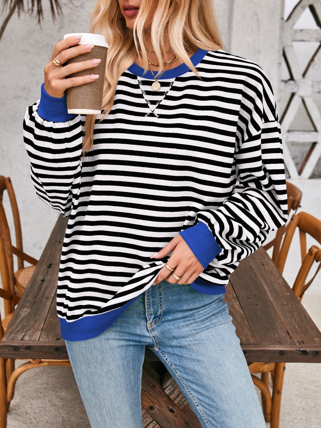 Gray Contrast Striped Long Sleeve Sweatshirt