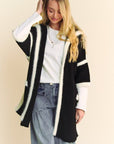 Davi & Dani Fuzzy Trim Open Front Loose Fit Cardigan