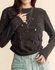 Davi & Dani Side Ruched Rhinestone and Star Detail Round Neck Top