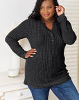 Light Gray Double Take Notched Neck Ribbed Long Sleeve T-Shirt