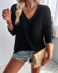 Double Take Pocketed Textured V-Neck Long Sleeve T-Shirt