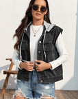 Drawstring Button Up Sleeveless Denim Jacket