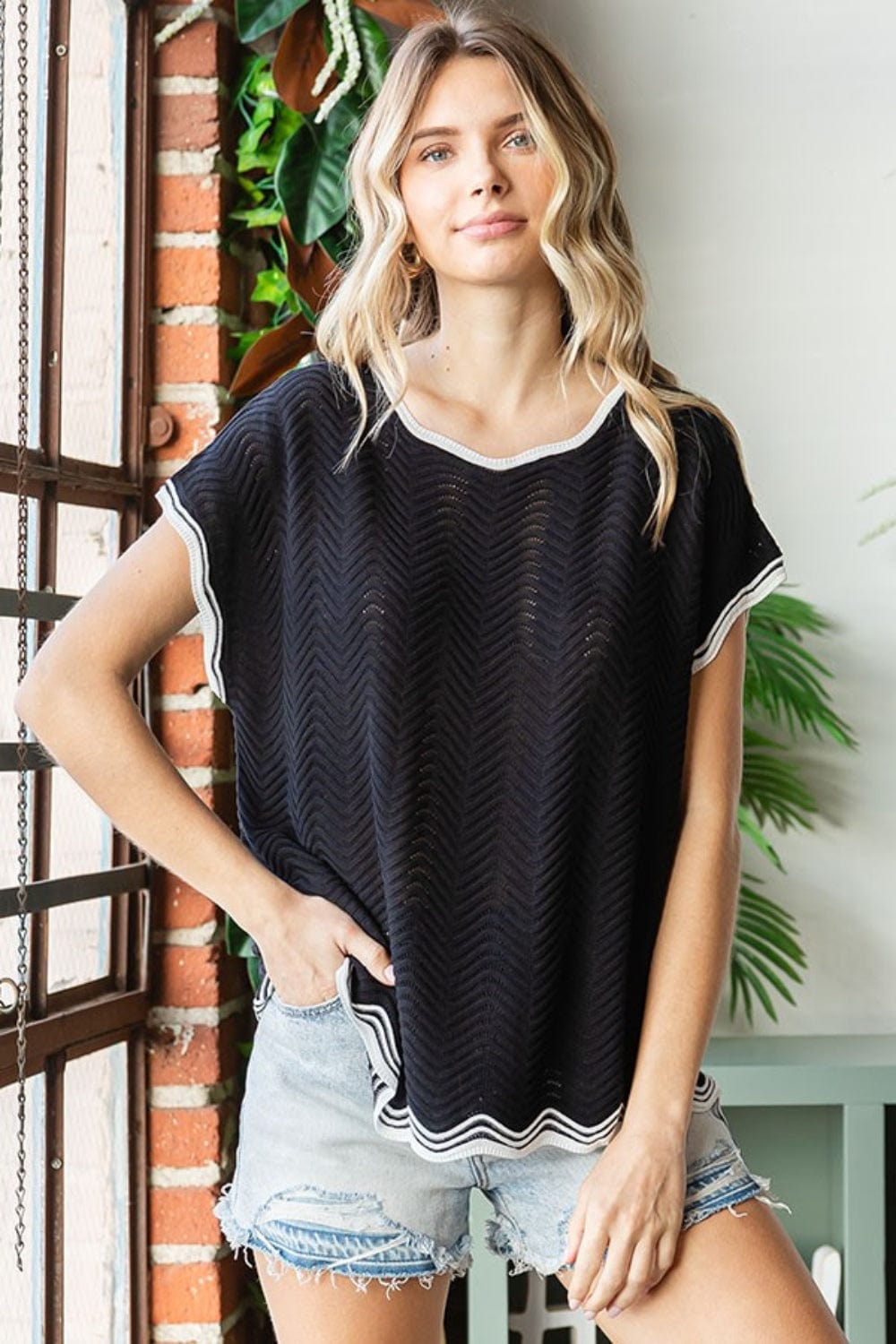 Black First Love Full Size Contrast Wavy Crochet Drop Shoulder Knit Top