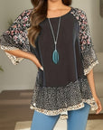 Dark Slate Gray Full Size Frill Printed Round Neck Half Sleeve Blouse