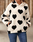 Fuzzy Heart Pocketed Dropped Shoulder Hoodie