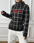 Heart Plaid Turtleneck Long Sleeve Sweater