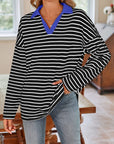 Lovelet Striped Johnny Collar Long Sleeve T-Shirt