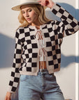 Double Take Full Size Checkered Tie Front Long Sleeve Cardigan