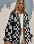 Double Take Full Size Open Front Checkered Drop Shoulder Cardigan