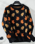 Maple Leaf Round Neck Long Sleeve Sweater