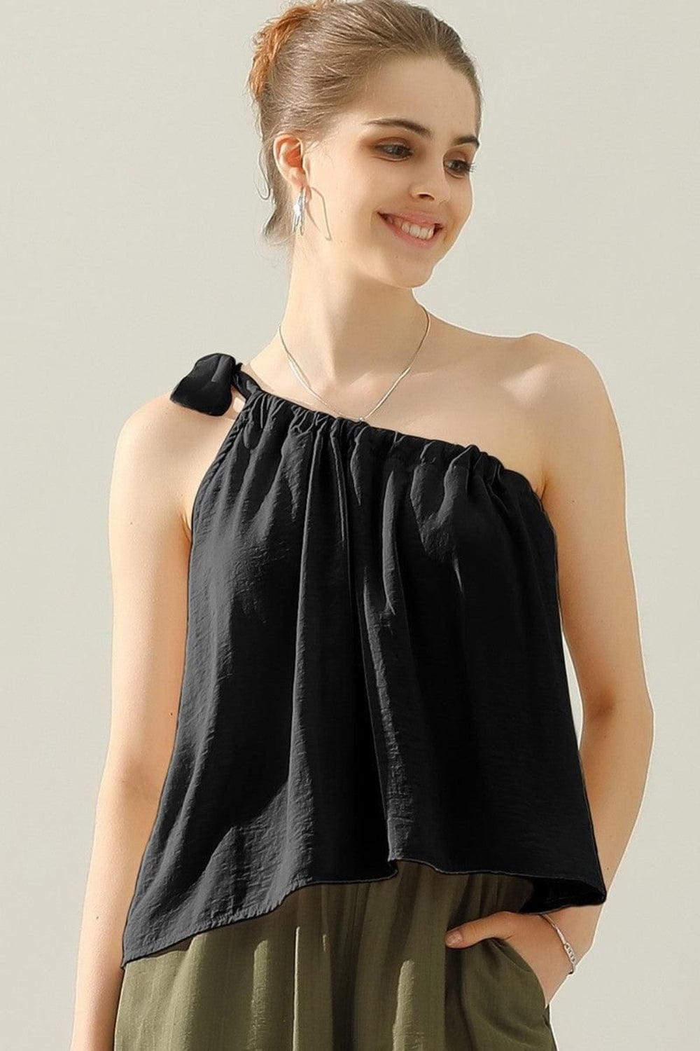 Black Ninexis One Shoulder Bow Tie Strap Satin Silk Top