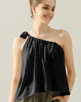 Black Ninexis One Shoulder Bow Tie Strap Satin Silk Top