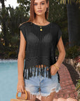 Dark Slate Gray Openwork Cap Sleeve Knit Cover Up with Tassel