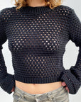 Openwork Round Neck Long Sleeve Knit Top