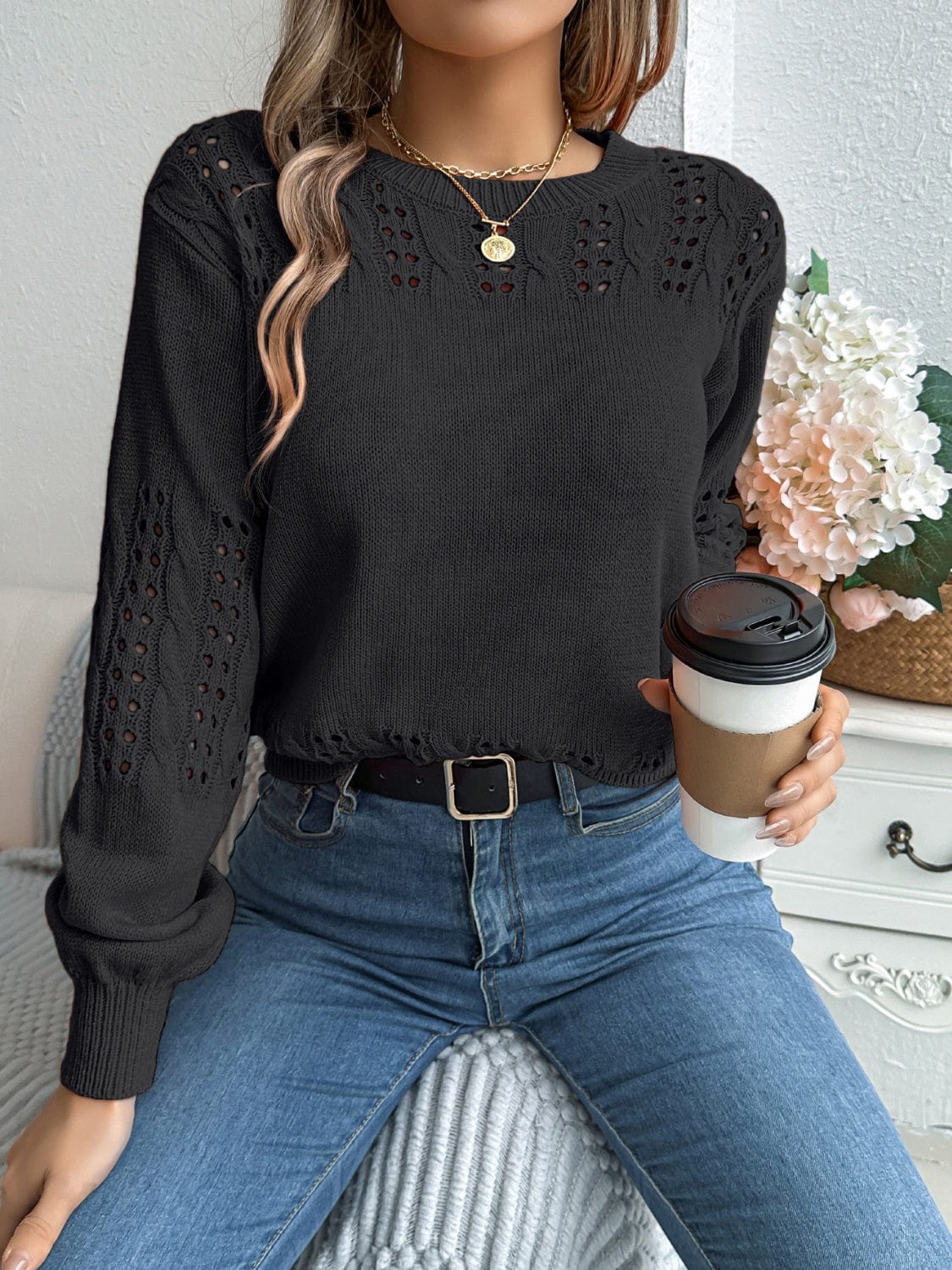 Openwork Round Neck Long Sleeve Sweater