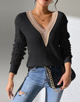 Dark Gray Openwork V-Neck Long Sleeve Sweater