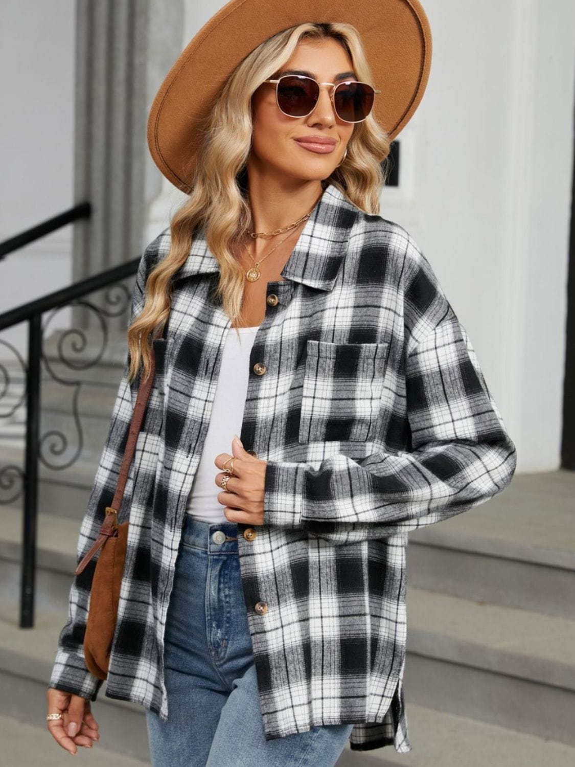 Light Slate Gray Plaid Collared Neck Long Sleeve Shirt