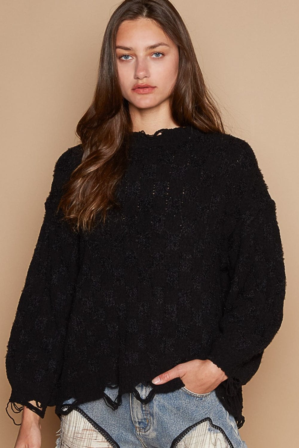 Black POL Cable Knit Cutout Long Sleeve Sweater