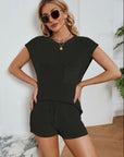 Round Neck Knit Top and Drawstring Shorts Set