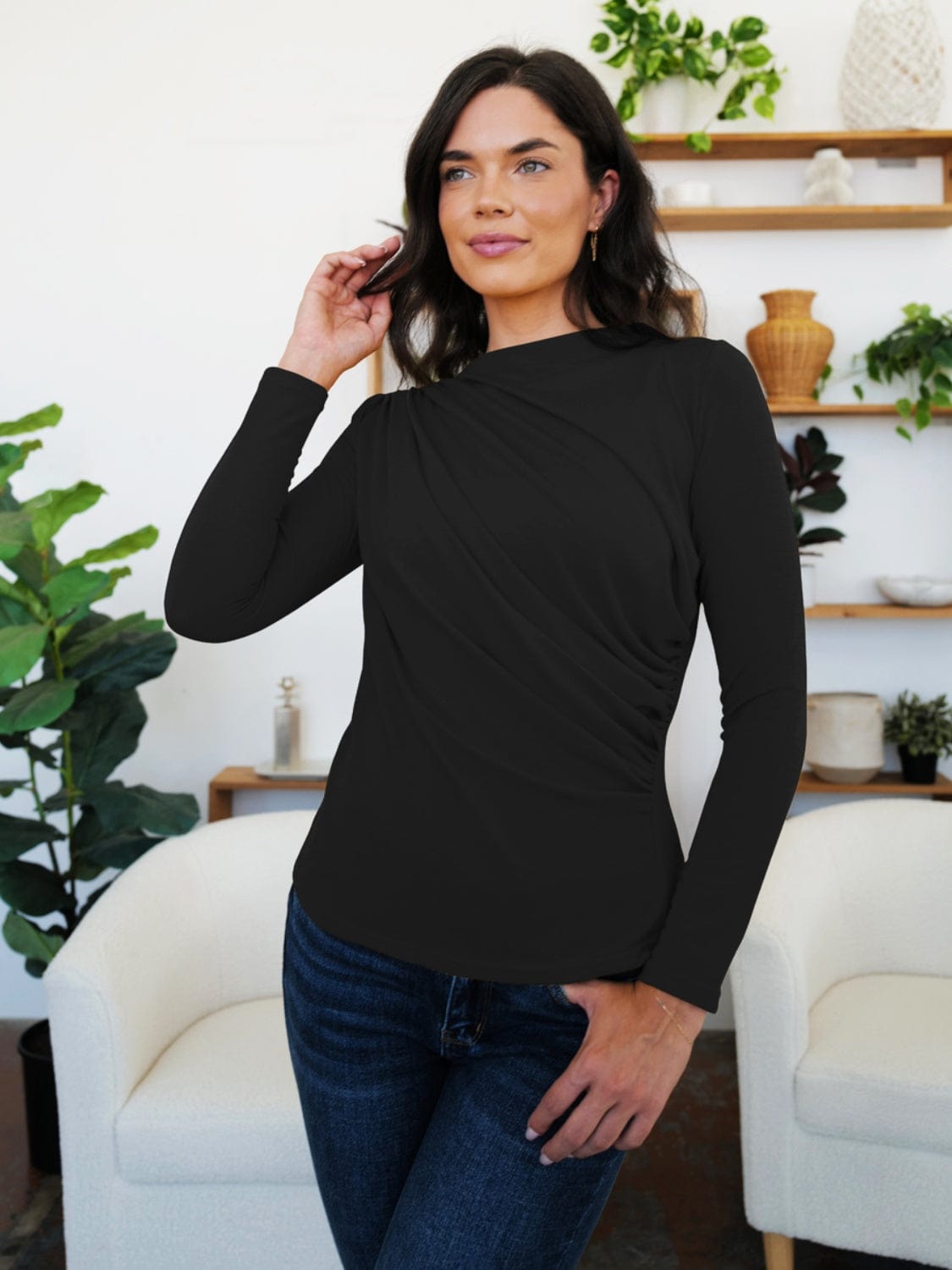 Black Ruched Mock Neck Long Sleeve T-Shirt