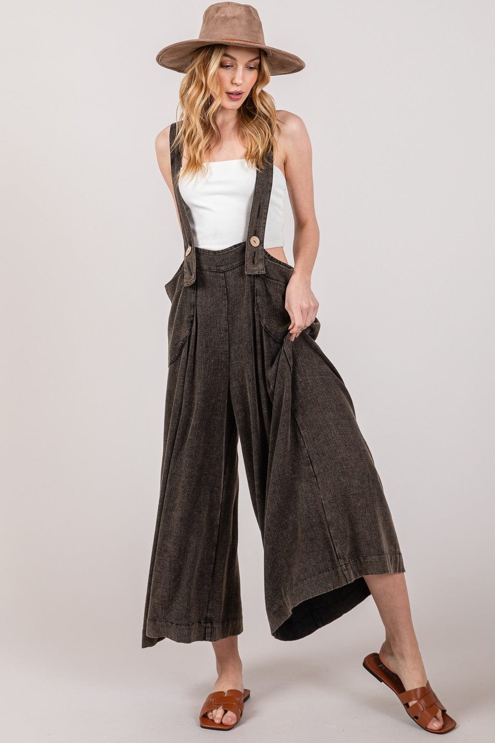 Light Gray SAGE + FIG Full Size Wide Strap Wide Leg Overalls