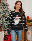 Sequin Santa Striped Round Neck Long Sleeve Sweater