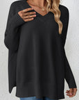 Slit V-Neck Dropped Shoulder Sweater