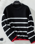 Striped Round Neck Dropped Shoulder Sweater