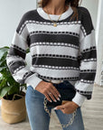 Gray Striped Round Neck Long Sleeve Sweater