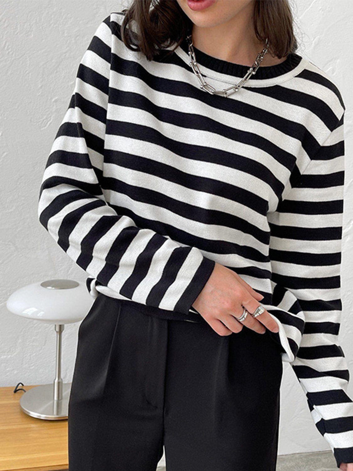 Striped Round Neck Long Sleeve Sweater