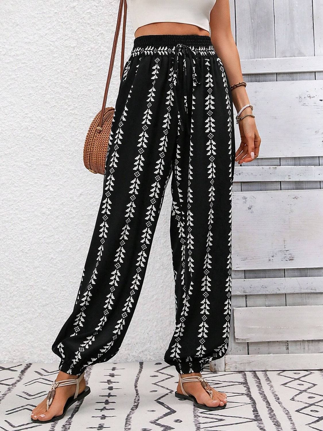 Black Tied Printed High Waist Pants