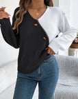 Two-Tone V-Neck Long Sleeve Sweater