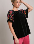 Umgee Full Size Velvet Embroidery Short Sleeve Blouse