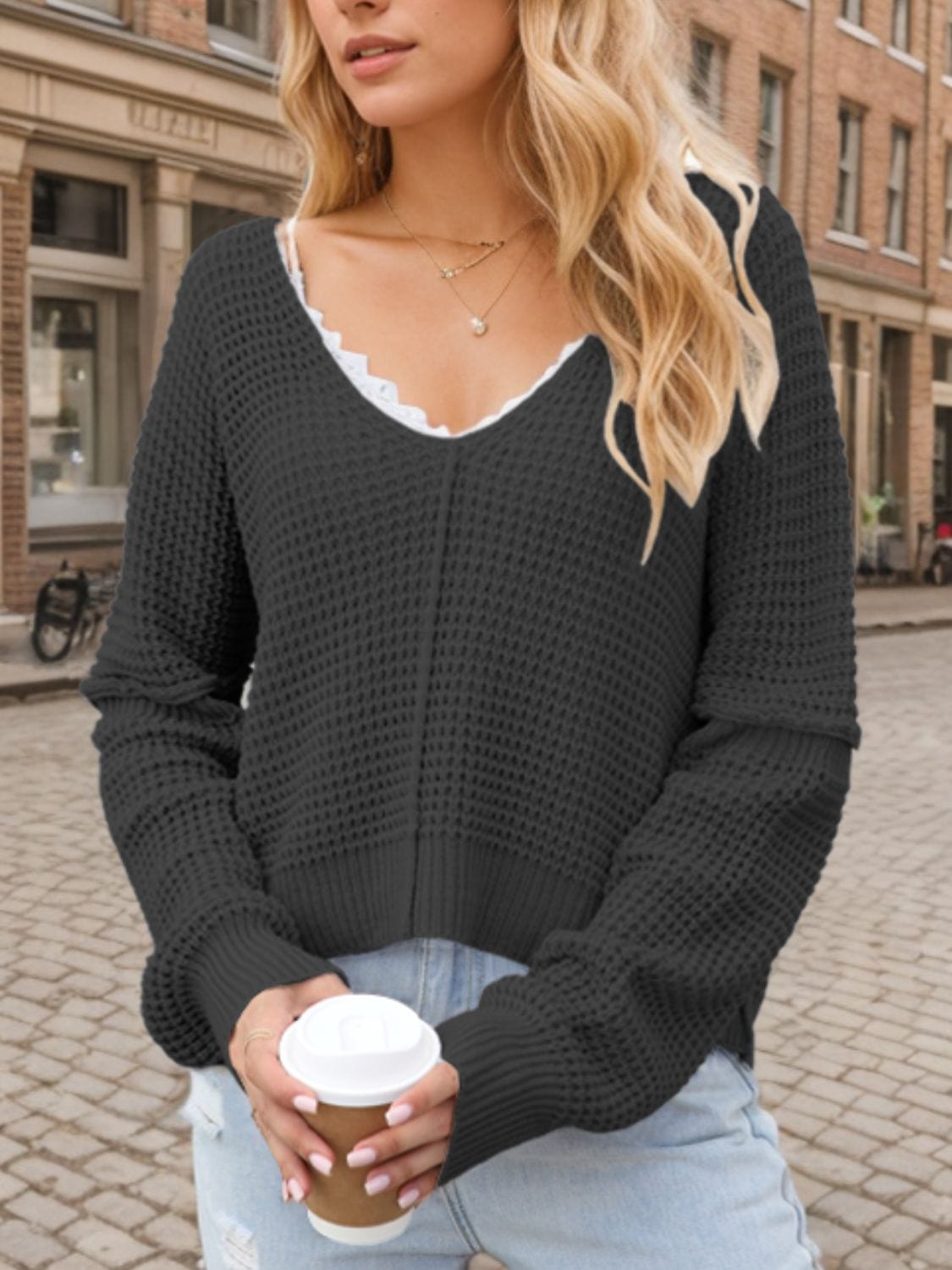 Dark Slate Gray V-Neck Long Sleeve Sweater