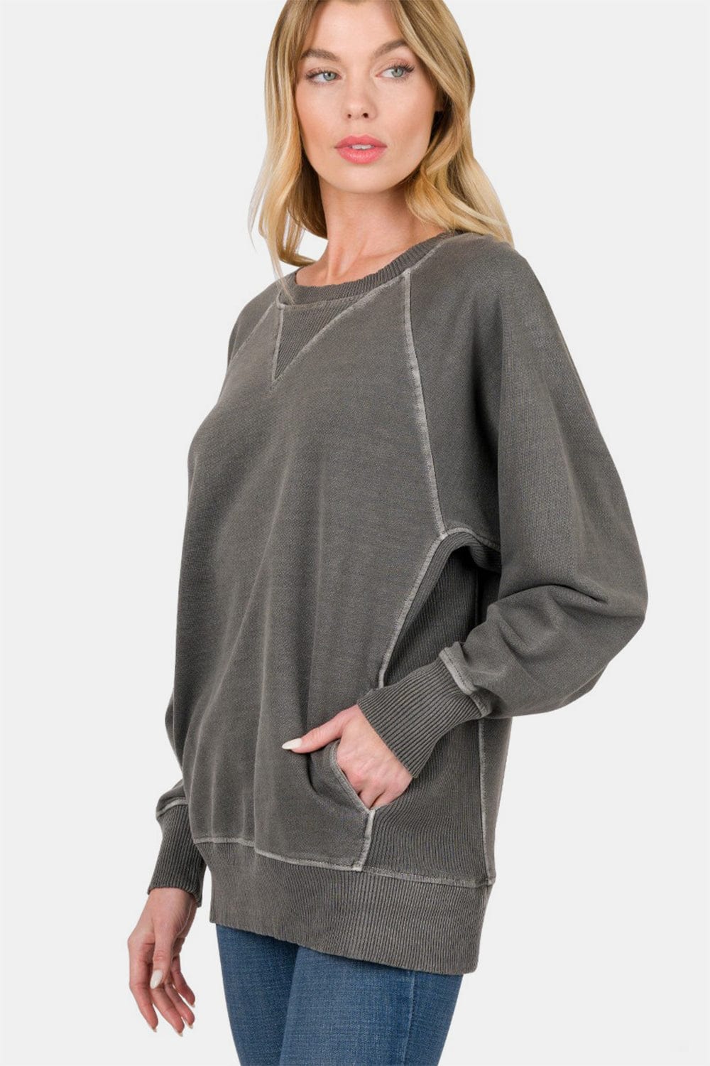 Beige Zenana Round Neck Long Sleeve Sweatshirt