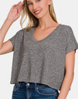 Rosy Brown Zenana V-Neck Short Sleeve Cropped T-Shirt