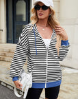 Drawstring Striped Zip Up Long Sleeve Hoodie