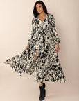 Tied Printed V-Neck Long Sleeve Midi Dress