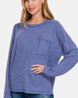 Zenana Full Size Contrast Stitching Brushed Ribbed Hacci Knit Top