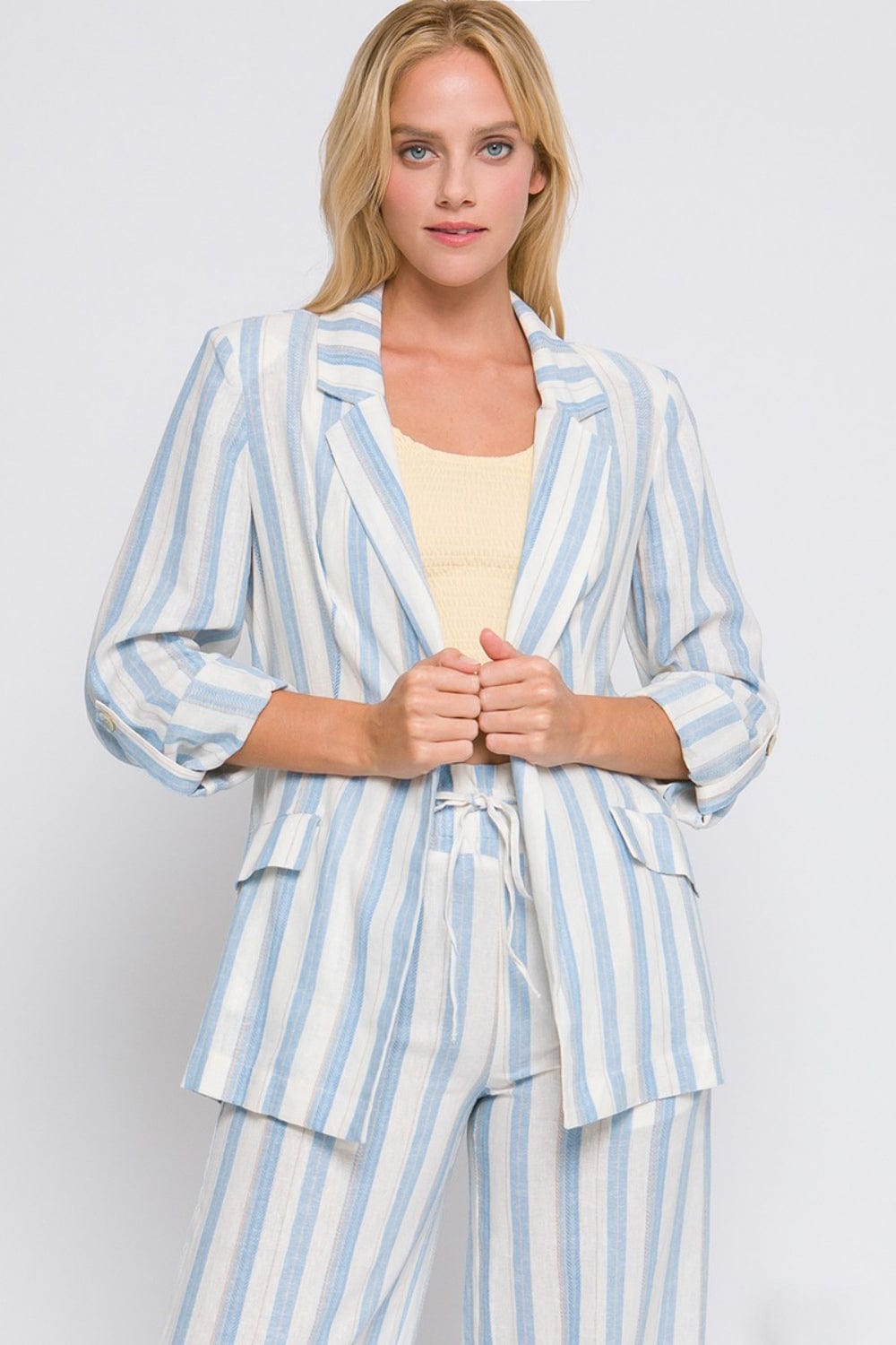 Light Gray Love Tree Linen Woven Striped Blazer