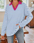 Lovelet Striped Johnny Collar Long Sleeve T-Shirt