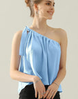 Light Gray Ninexis One Shoulder Bow Tie Strap Satin Silk Top