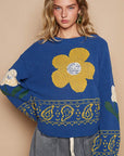 POL Flower Lace Patch Long Sleeve Sweater