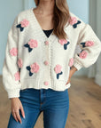 Flower Button Down V-Neck Long Sleeve Cardigan