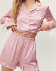 Basic Bae Tied Cuff Collared Neck Top and Frill Shorts Lounge Set