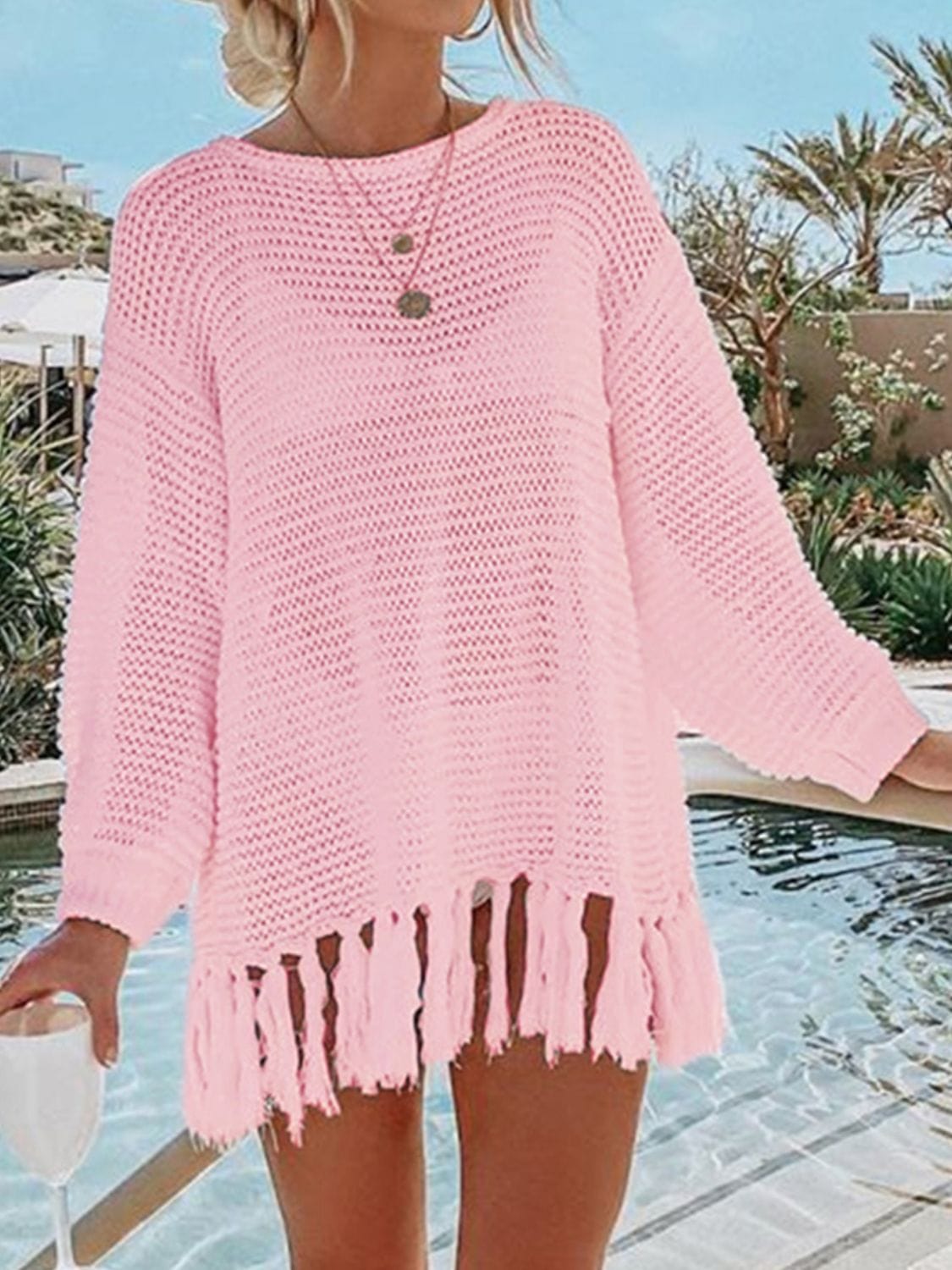 Thistle Double Take Openwork Tassel Hem Long Sleeve Knit Cover Up