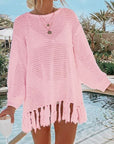 Thistle Double Take Openwork Tassel Hem Long Sleeve Knit Cover Up