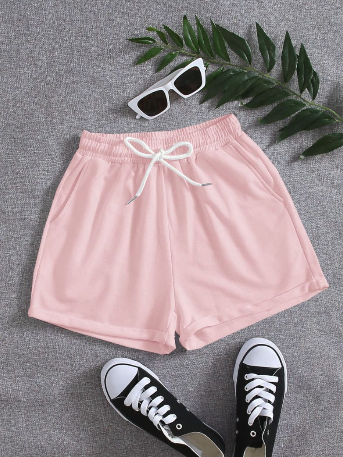 Light Slate Gray Drawstring Pocketed Elastic Waist Shorts