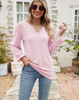 Eyelet Notched Neck Balloon Sleeve Blouse