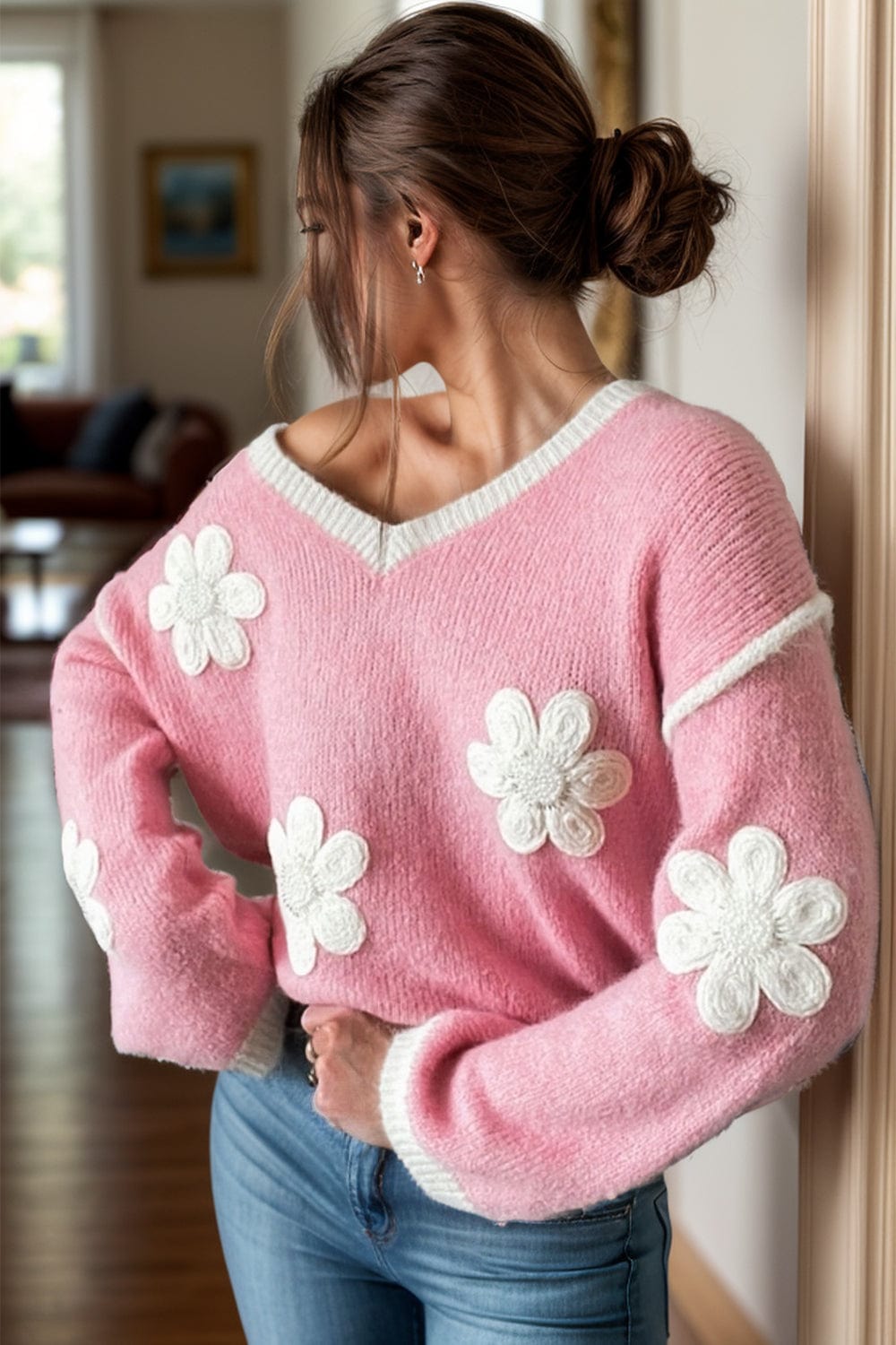 Rosy Brown Flower V-Neck Dropped Shoulder Sweater